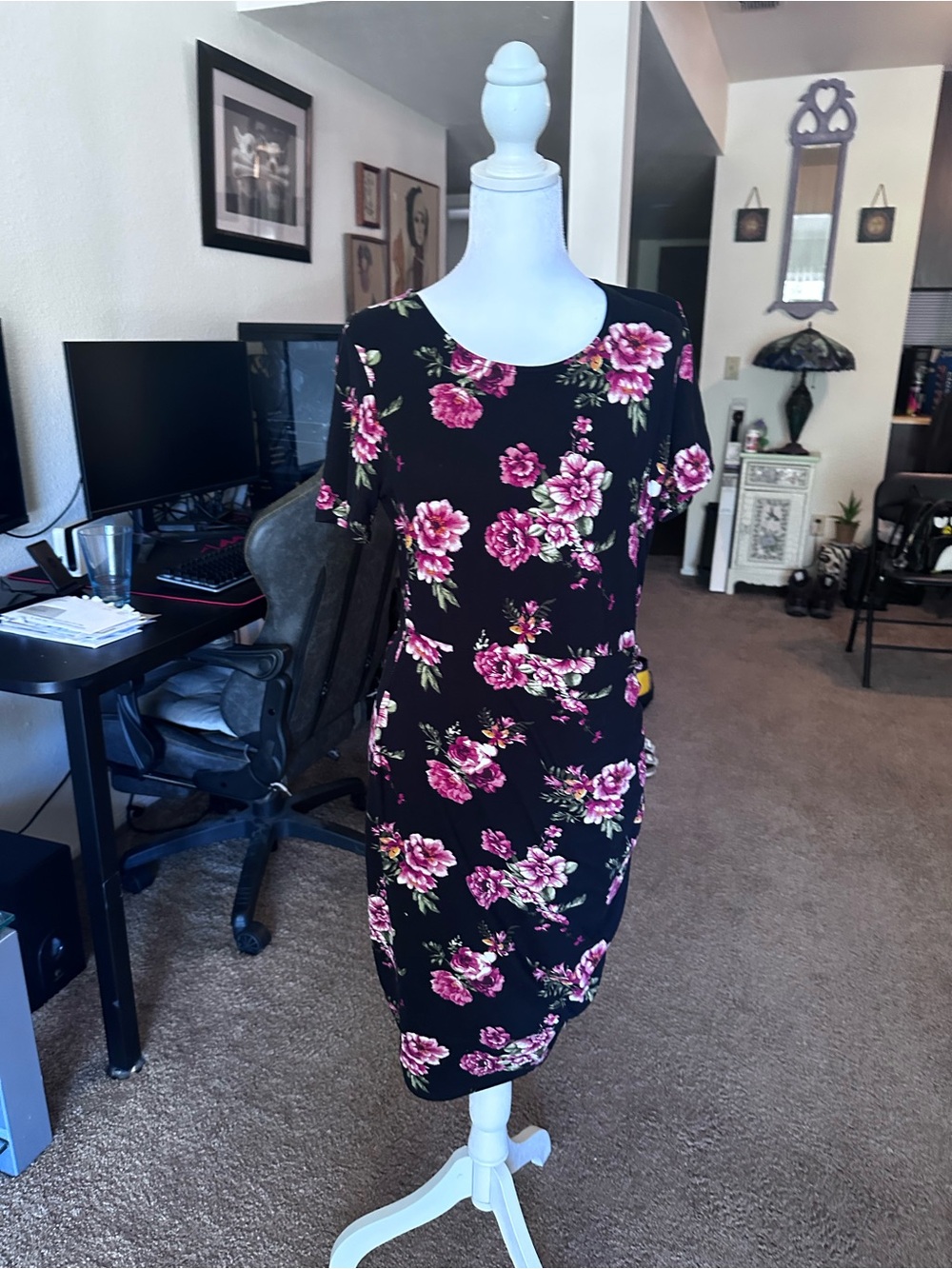 Black Floral Midi Dress with Pink Blooms